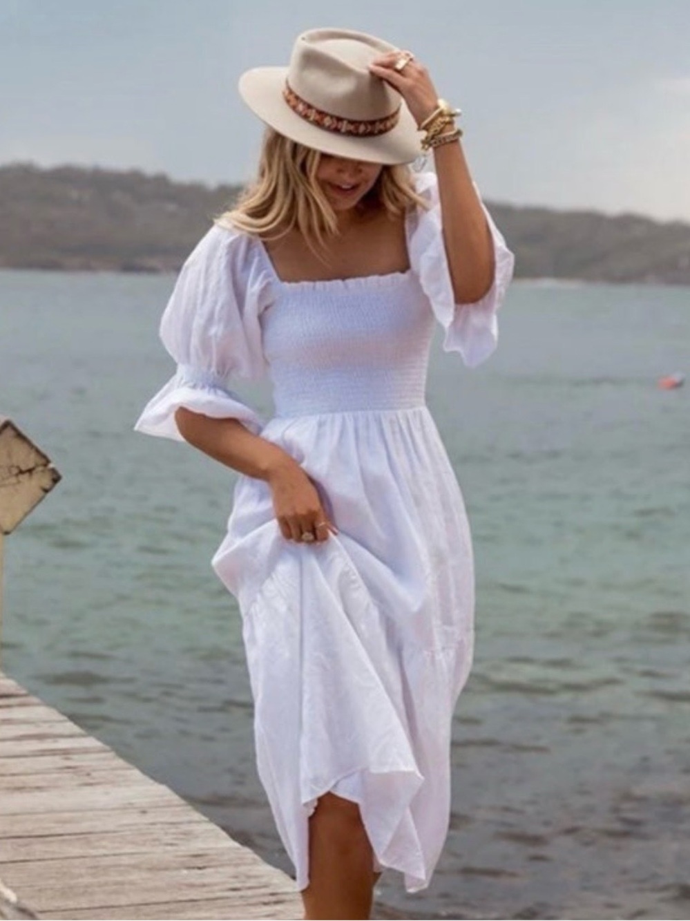 DISSH Sare Shirred White Linen Midi Dress- US 4, Size small NWOT